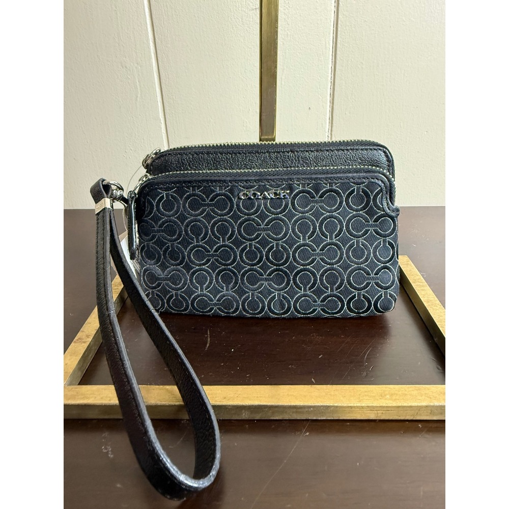 COACH Wristlet Purse Women's‎ Double Corner Zip Wristlet Black Signature C